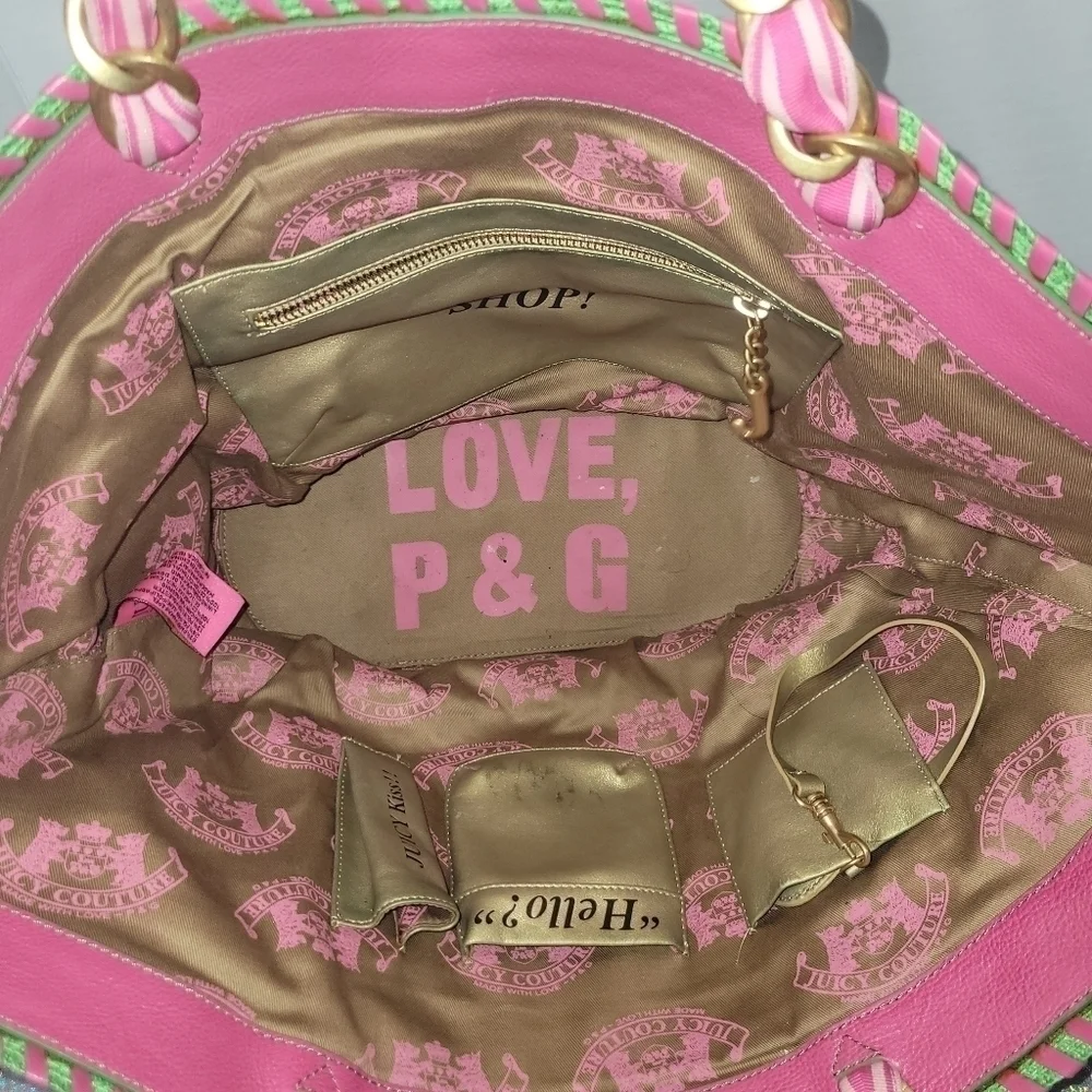 Y2K Vintage Juicy Couture XL Green & Pink Straw Tote Shopper Beach Bag Purse
